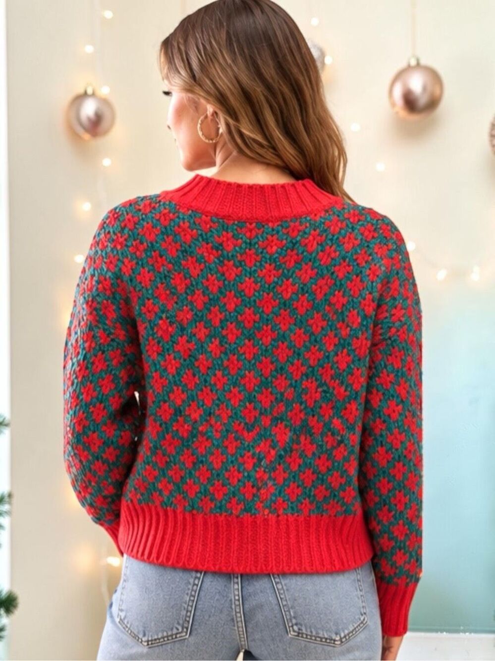 SO ME Christmas Sweater Red Green Oversized V Neck Chunky Knit Holiday NEW - Picture 5 of 11